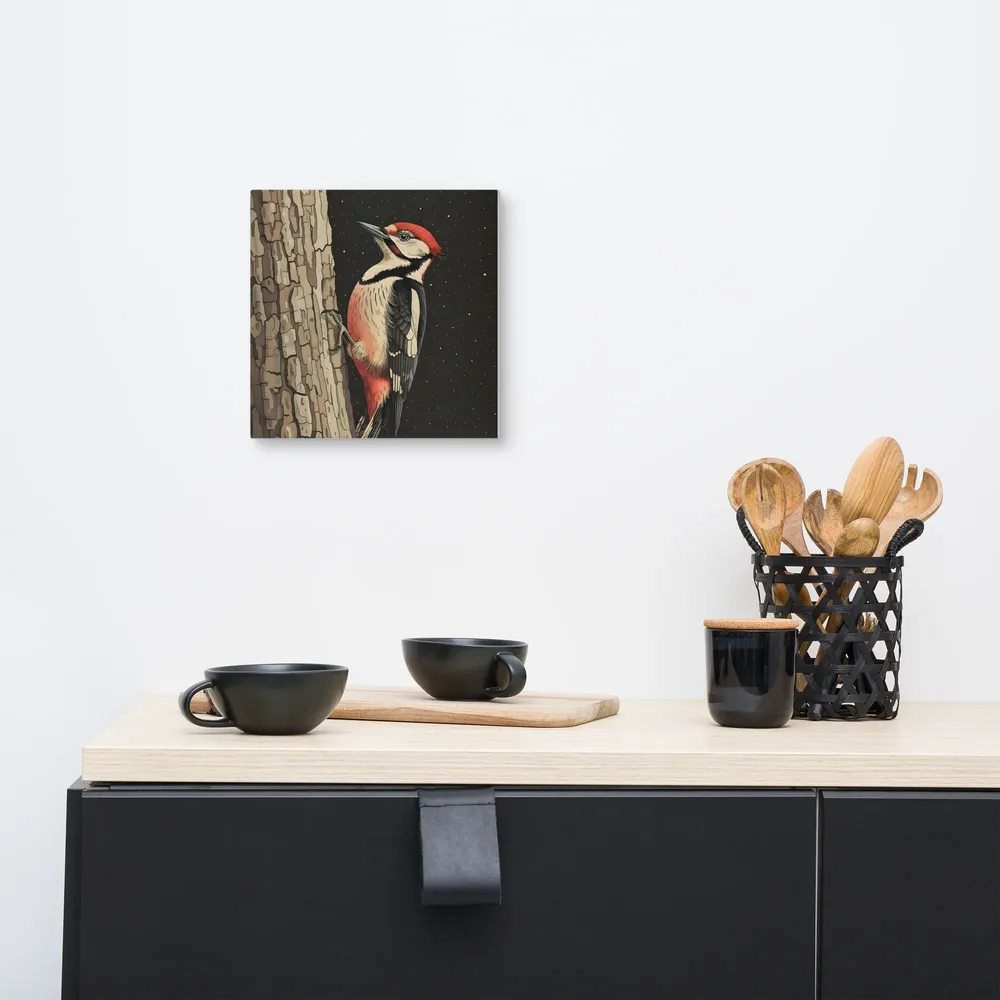 Woodpecker on Bark 
 Canvas | 10″x 10″