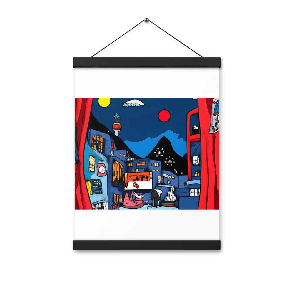 Whimsical Cityscape at Night | Poster With Black Wood Hanger | 12″×16″