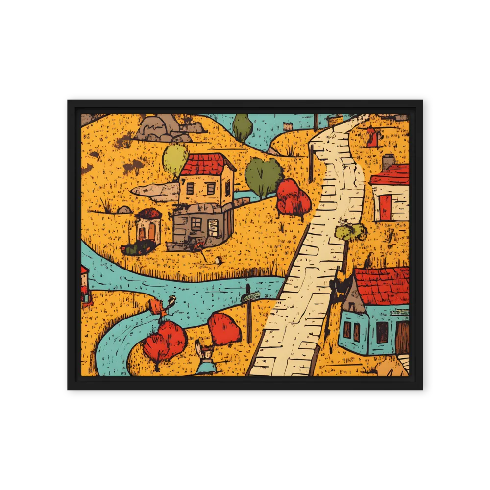 Whimsical Village Landscape | Canvas with Black Frame | 16″×20″