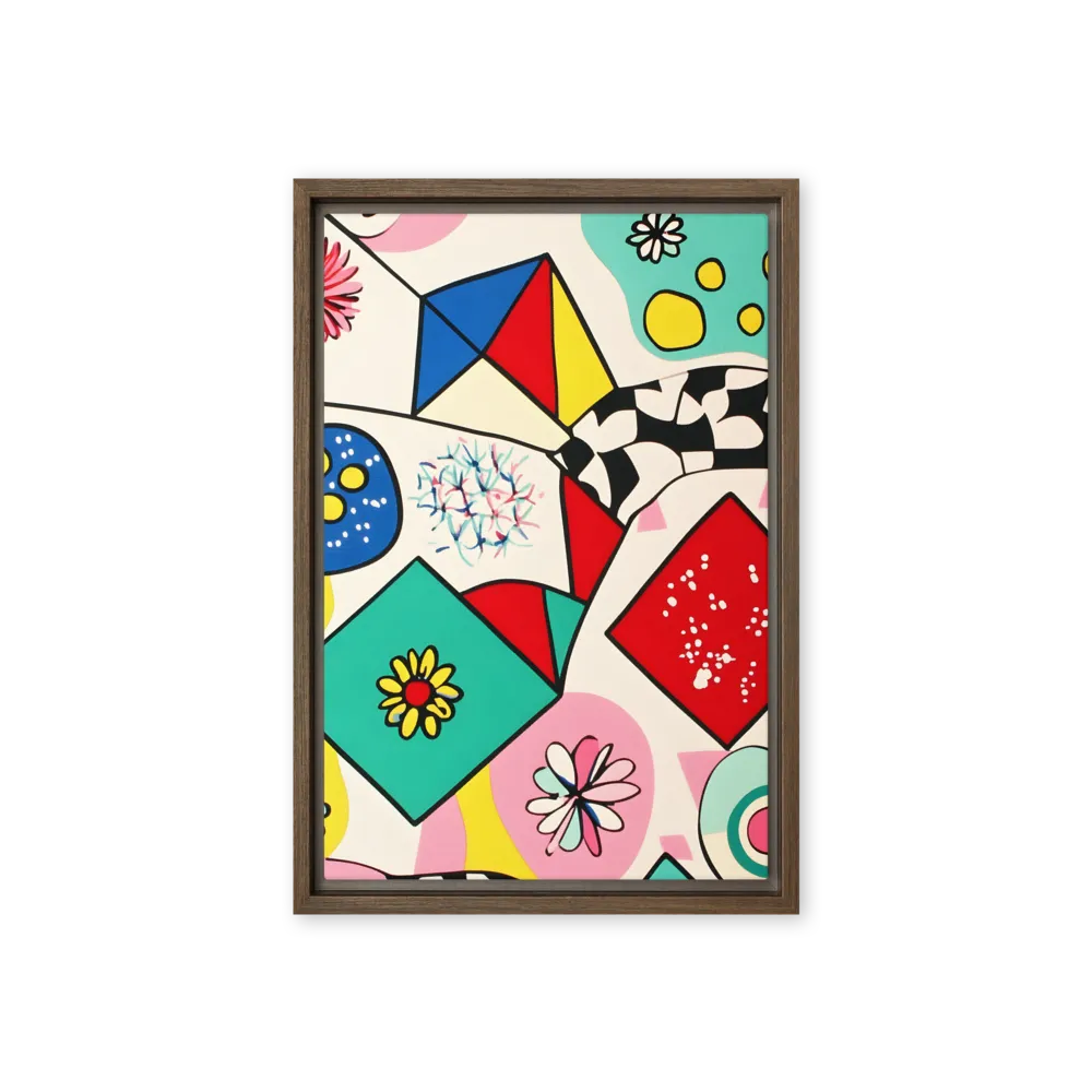 Joyful Geometry: A Playful Dance of Shapes and Colors | Canvas with Brown Frame | 12″×18″