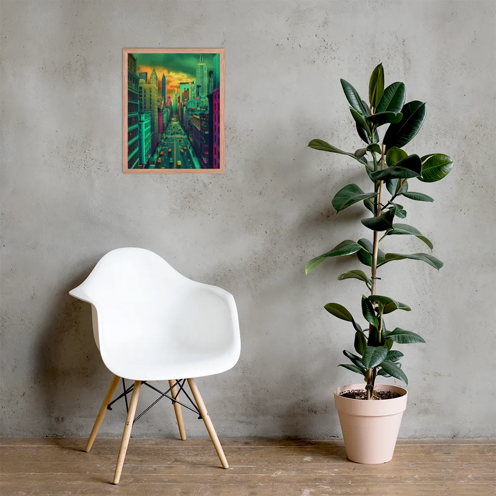 Urban Surrealism: Neon Dreams | Poster with Red oak Frame | 16″×20″