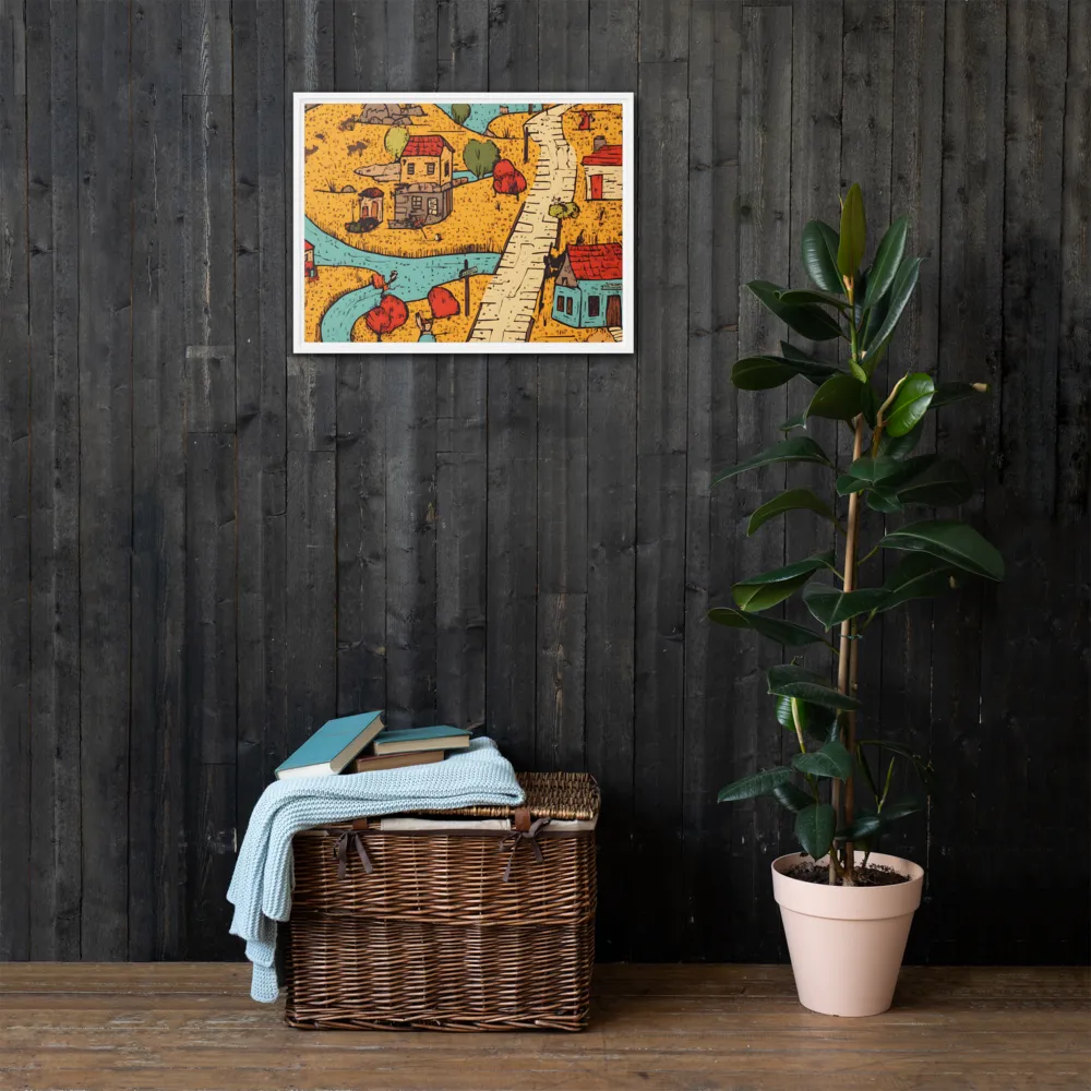 Whimsical Village Landscape | Canvas with White Frame | 18″×24″