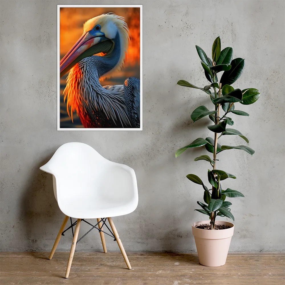 Elegance of the Pelican at Sunset | Poster with White Frame | 24″×36″