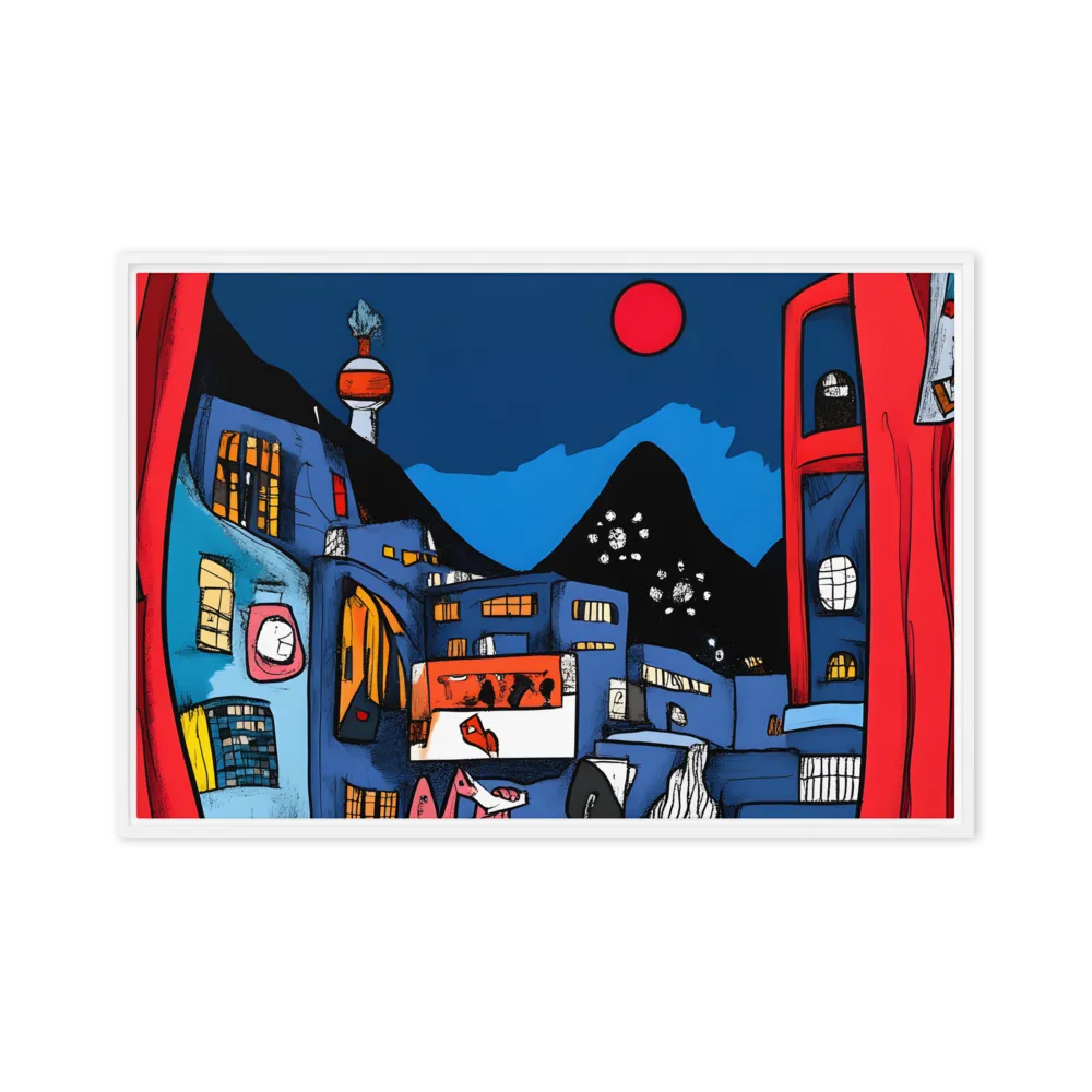Whimsical Cityscape at Night | Canvas with White Frame | 24″×36″