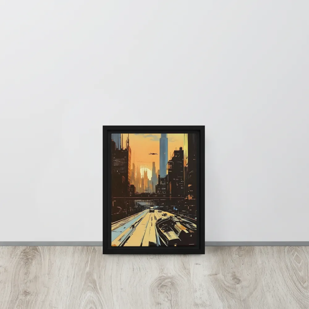 Metro Nexus: A Futuristic Cityscape | Canvas with Black Frame | 9″×12″