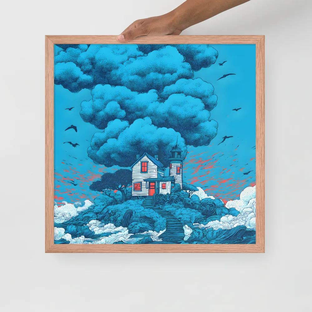 Beacon on Blue 
 Poster with Red oak Frame | 18″x 18″