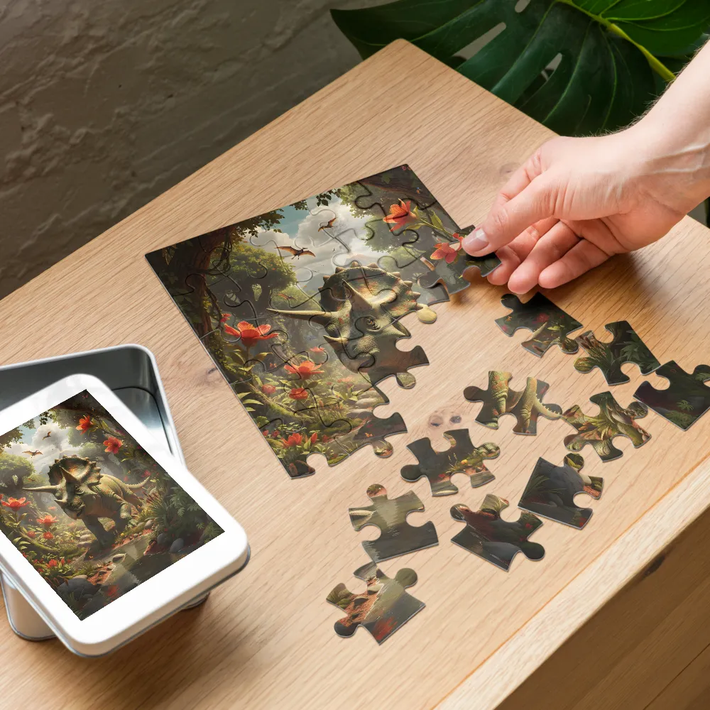 Triceratops in the Flowered Forest 
 Jigsaw Puzzle in Tin Box