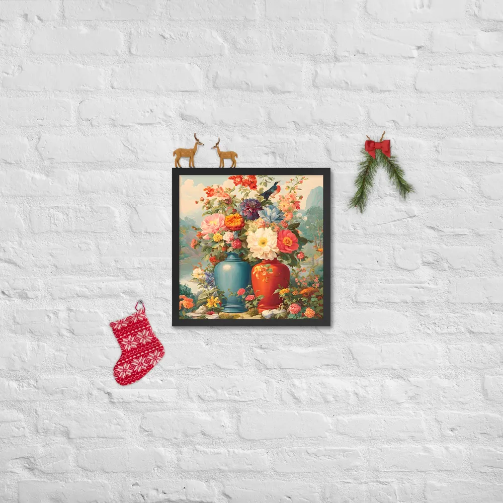 Twin Vases in Bloom 
 Poster with Black Frame | 16″x 16″