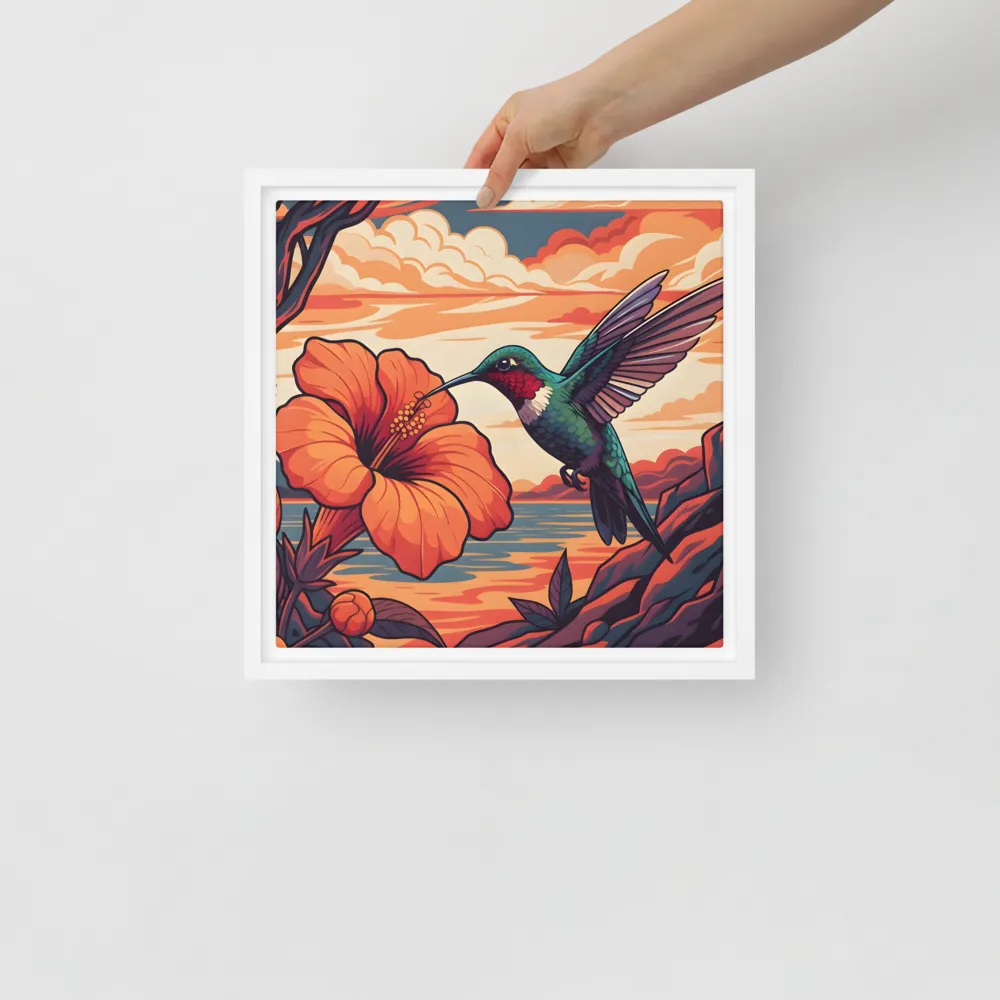 Hummingbird and Hibiscus 
 Canvas with White Frame | 12″x 12″
