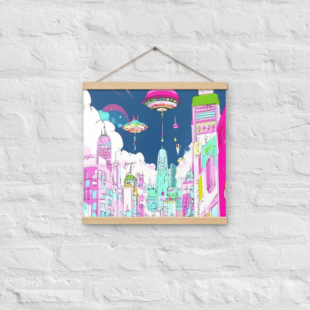 Futuristic Cityscape with Floating Structures | Poster With Oak Wood Hanger | 16″×16″