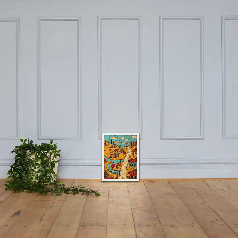 Whimsical Village Landscape | Poster with White Frame | 12″×16″