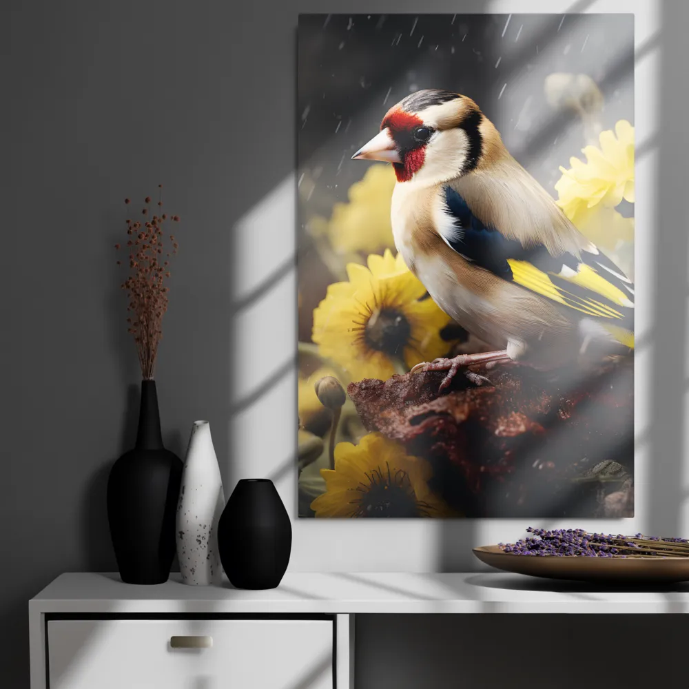 Harmony in Nature: A Goldfinch Amidst Blooms | Metal Print | 24″×36″