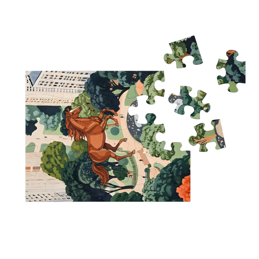 Soaring Horse Over City Park 
 Jigsaw Puzzle in Tin Box