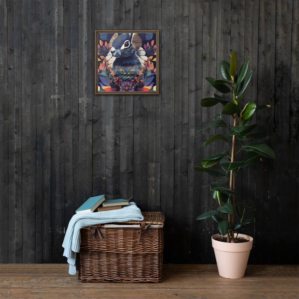 Ethereal Bunny: A Geometric Wonderland | Canvas with Brown Frame | 16″×16″