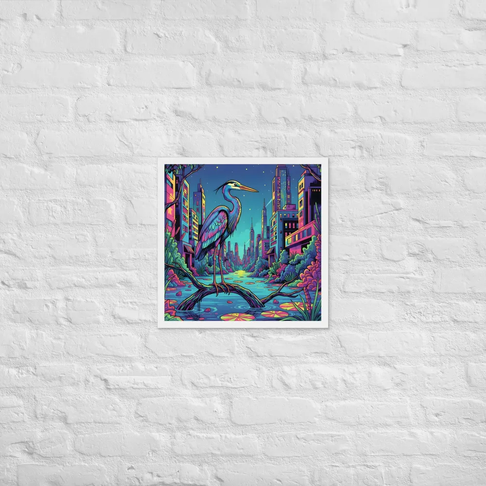 Neon Heron - Urban Twilight 
 Poster with White Frame | 18″x 18″