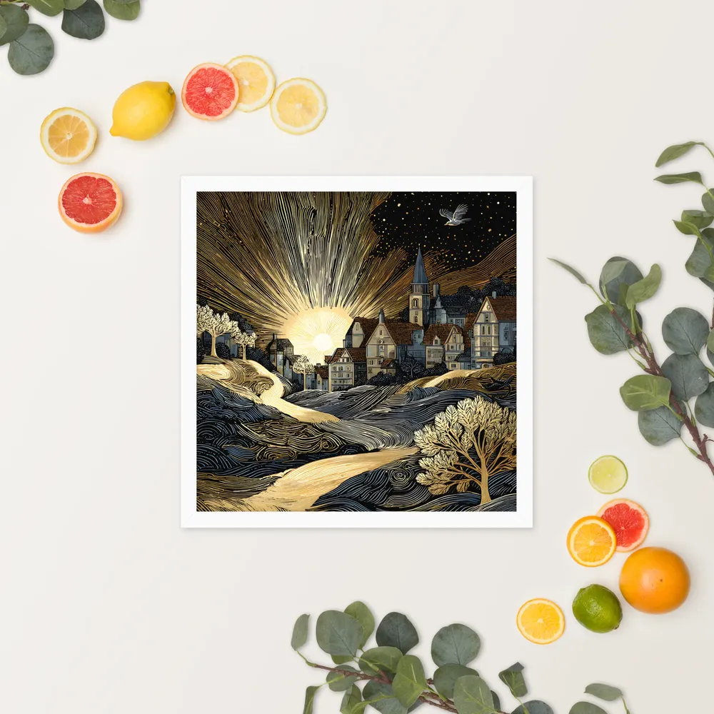 Golden Dawn Village 
 Poster with White Frame | 16″x 16″
