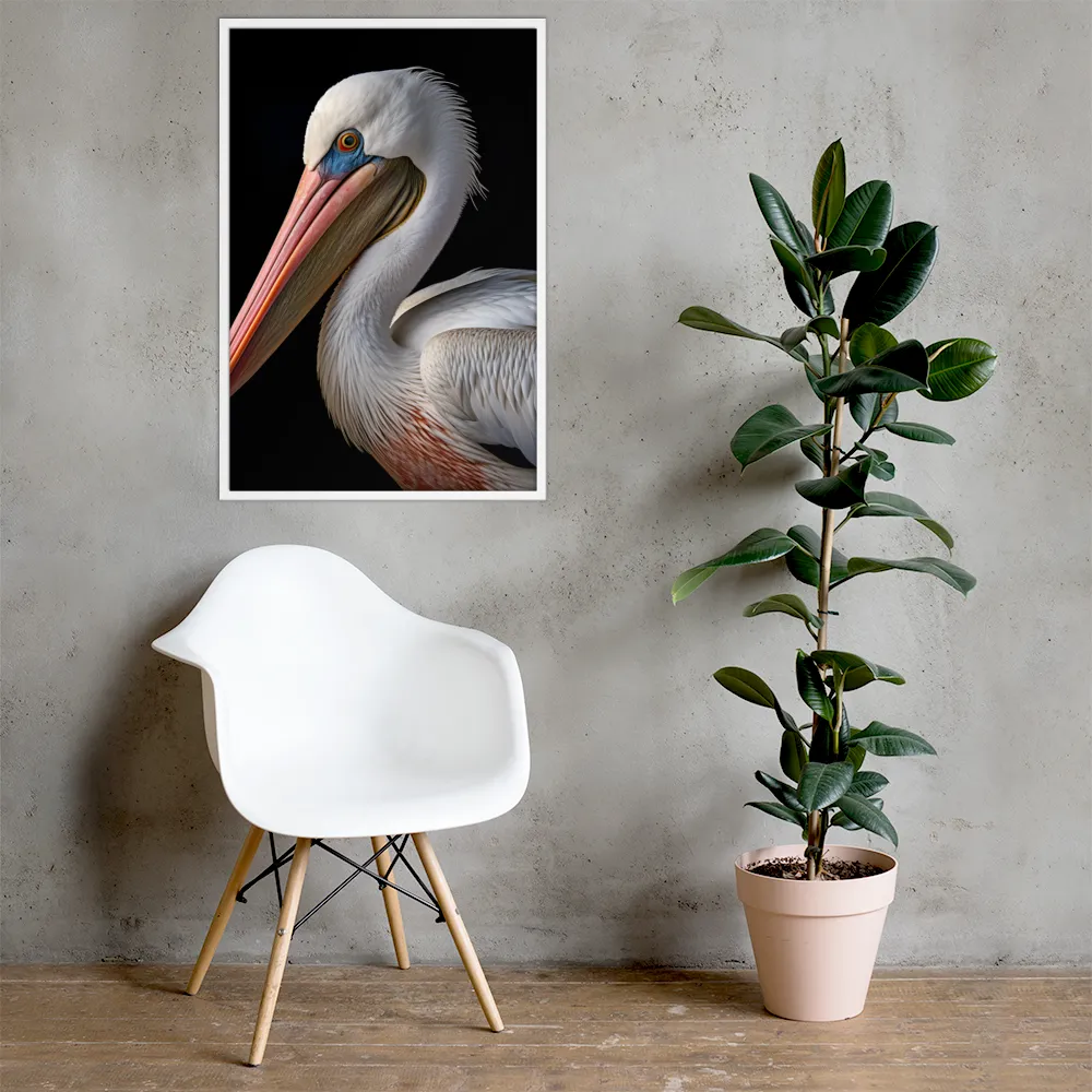 Elegance in White: The Pelican | Poster with White Frame | 24″×36″