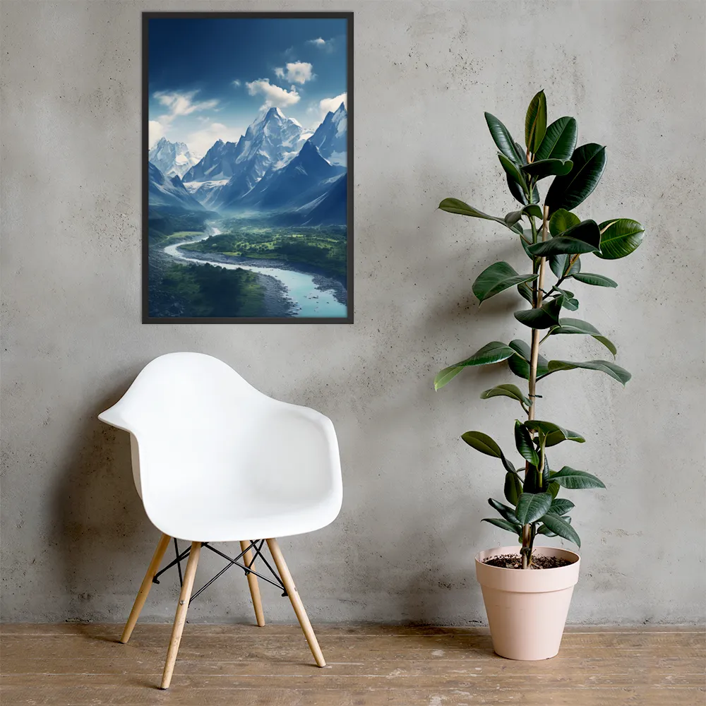 Majestic Serenity: A Landscape of Mountains and Rivers | Poster with Black Frame | 24″×36″