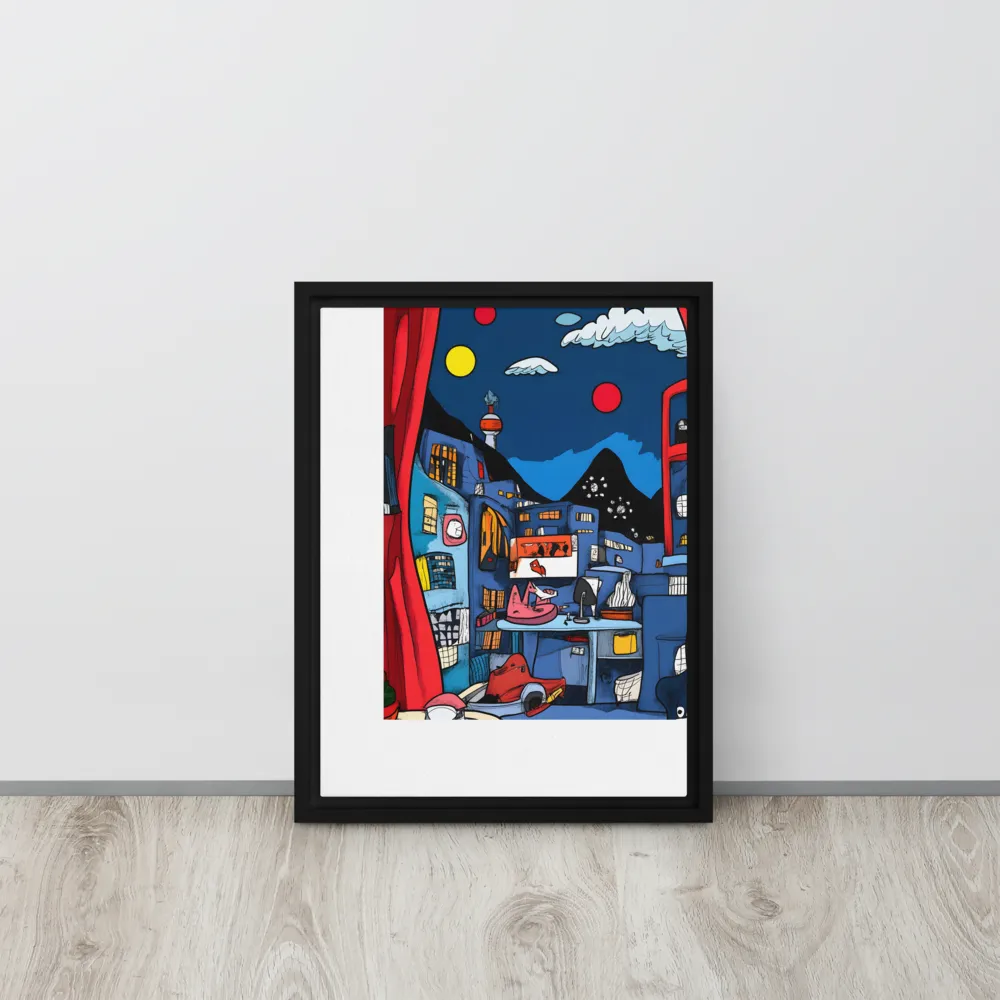 Whimsical Cityscape at Night | Canvas with Black Frame | 12″×16″