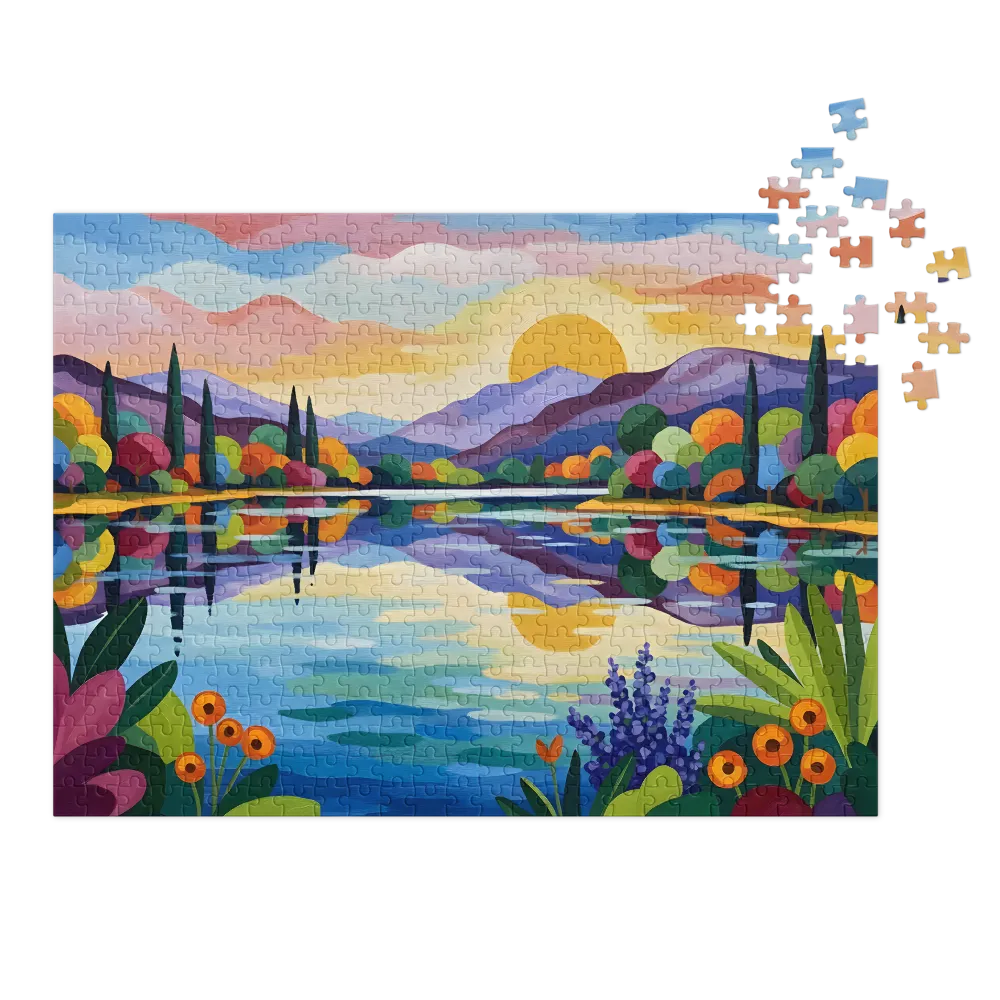 Vibrant Lakeside Serenity 
 Jigsaw Puzzle in Tin Box
