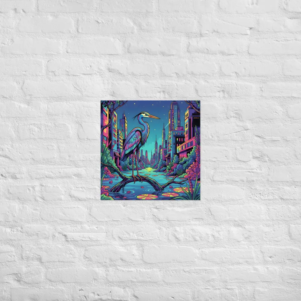 Neon Heron - Urban Twilight 
 Poster | 18″x 18″