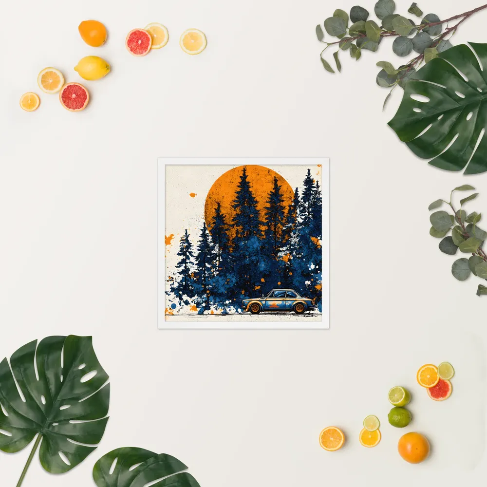 Sunset Forest Drive 
 Poster with White Frame | 18″x 18″