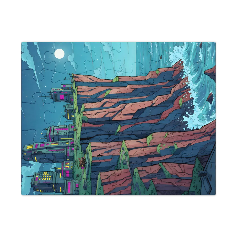 Moonlit Cliff City 
 Jigsaw Puzzle in Tin Box