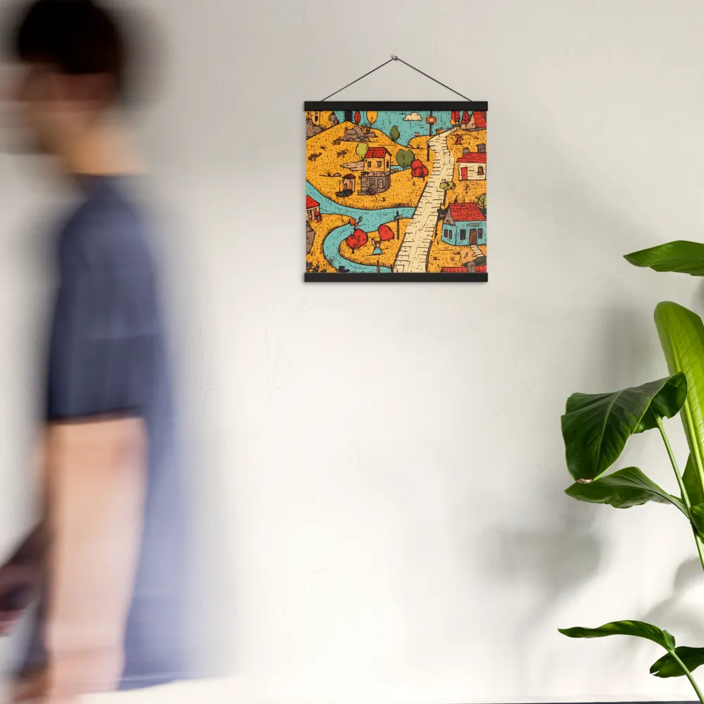 Whimsical Village Landscape | Poster With Black Wood Hanger | 16″×16″