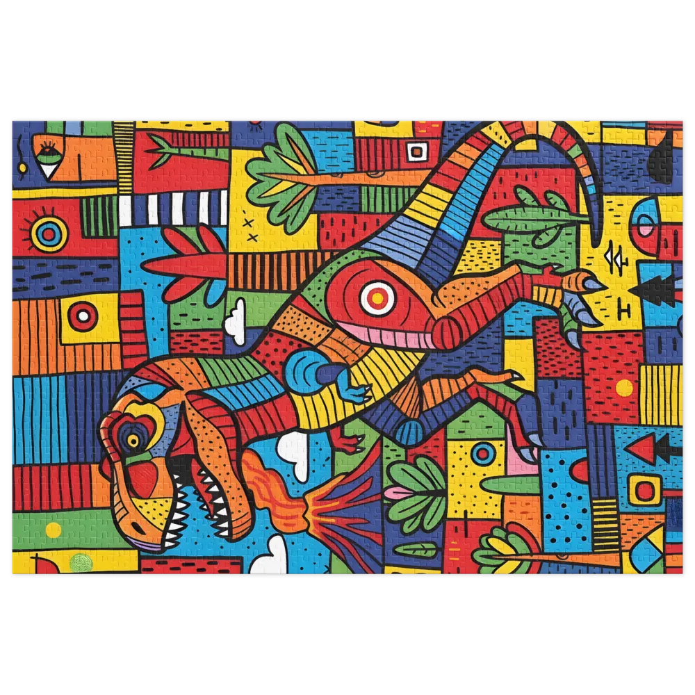 Prehistoric Patchwork T-Rex 
 Jigsaw Puzzle in Tin Box