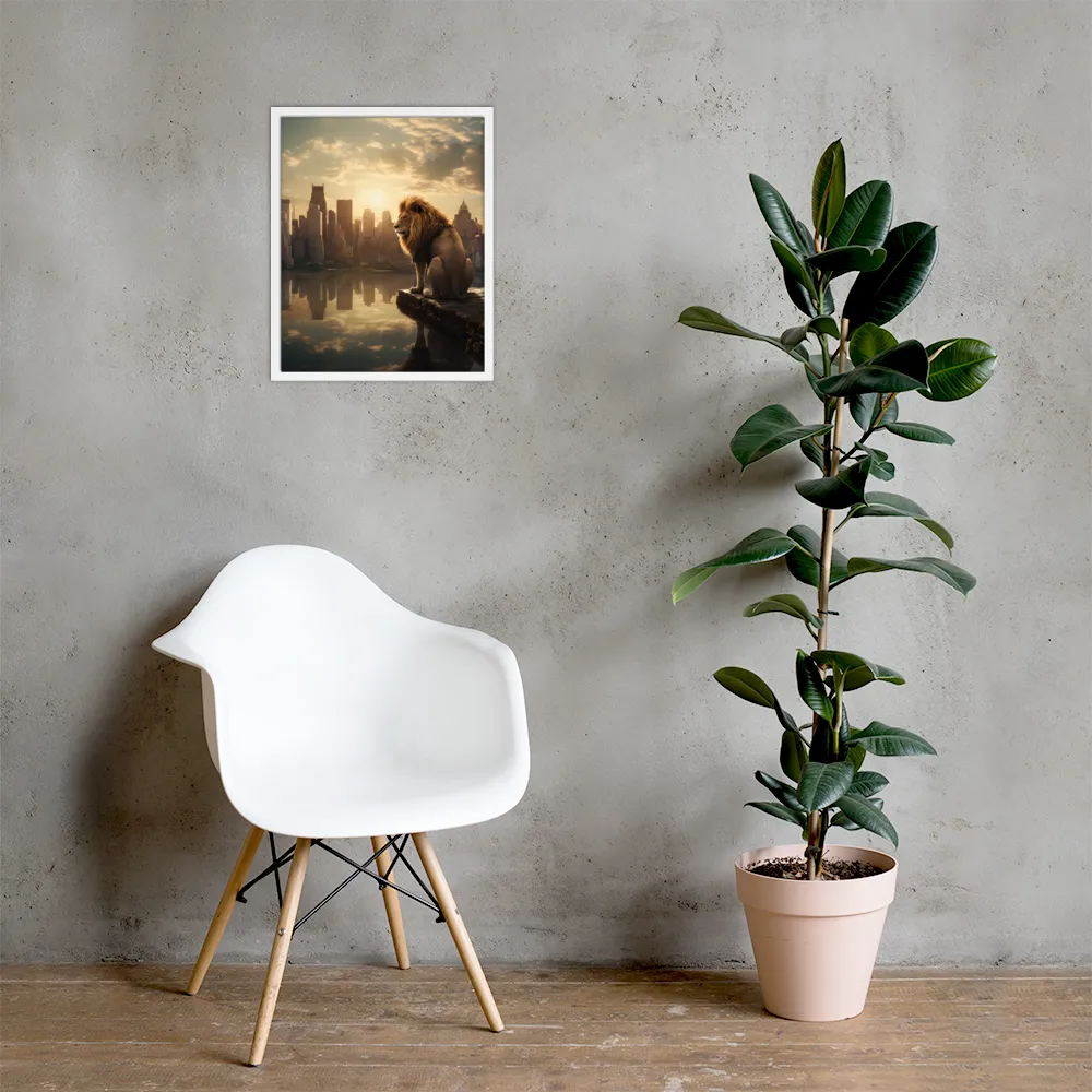 The Lion's Gaze Over the Urban Symphony | Poster with White Frame | 16″×20″
