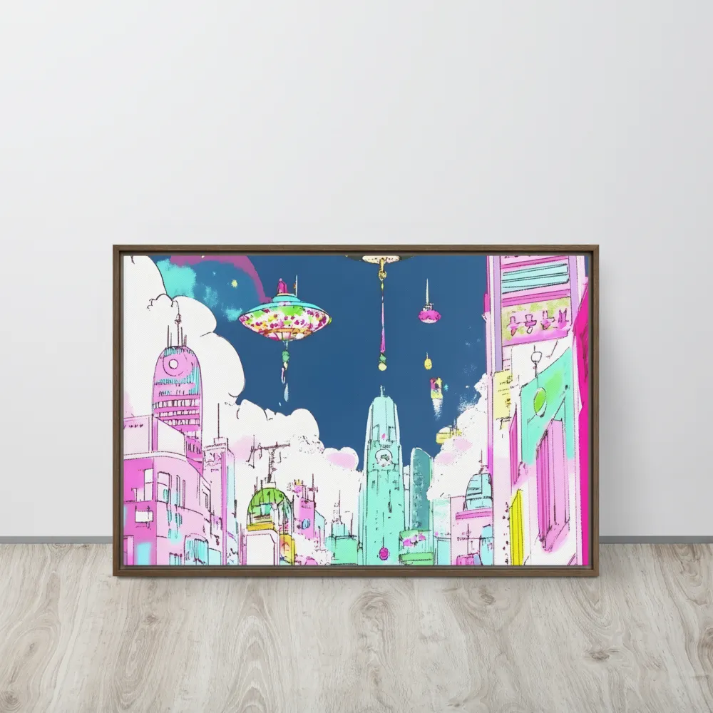Futuristic Cityscape with Floating Structures | Canvas with Brown Frame | 20″×30″
