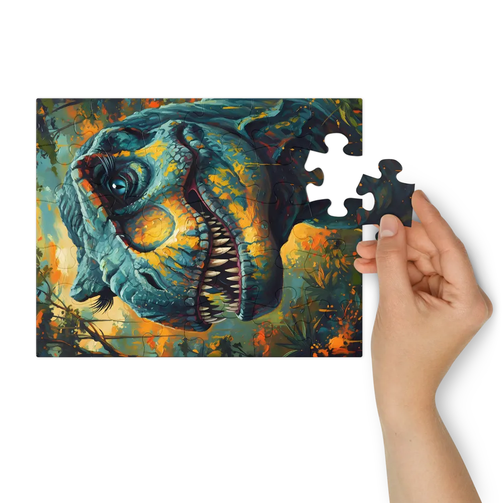 Teal Tyrant — T. rex Painting 
 Jigsaw Puzzle in Tin Box