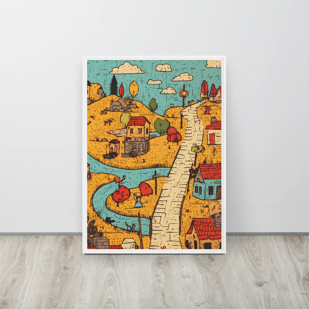 Whimsical Village Landscape | Canvas with White Frame | 20″×28″