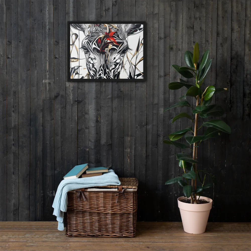 Floral Elegance: The Giraffe's Portrait | Canvas with Black Frame | 18″×24″