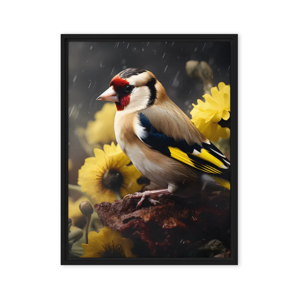 Harmony in Nature: A Goldfinch Amidst Blooms | Canvas with Black Frame | 24″×32″