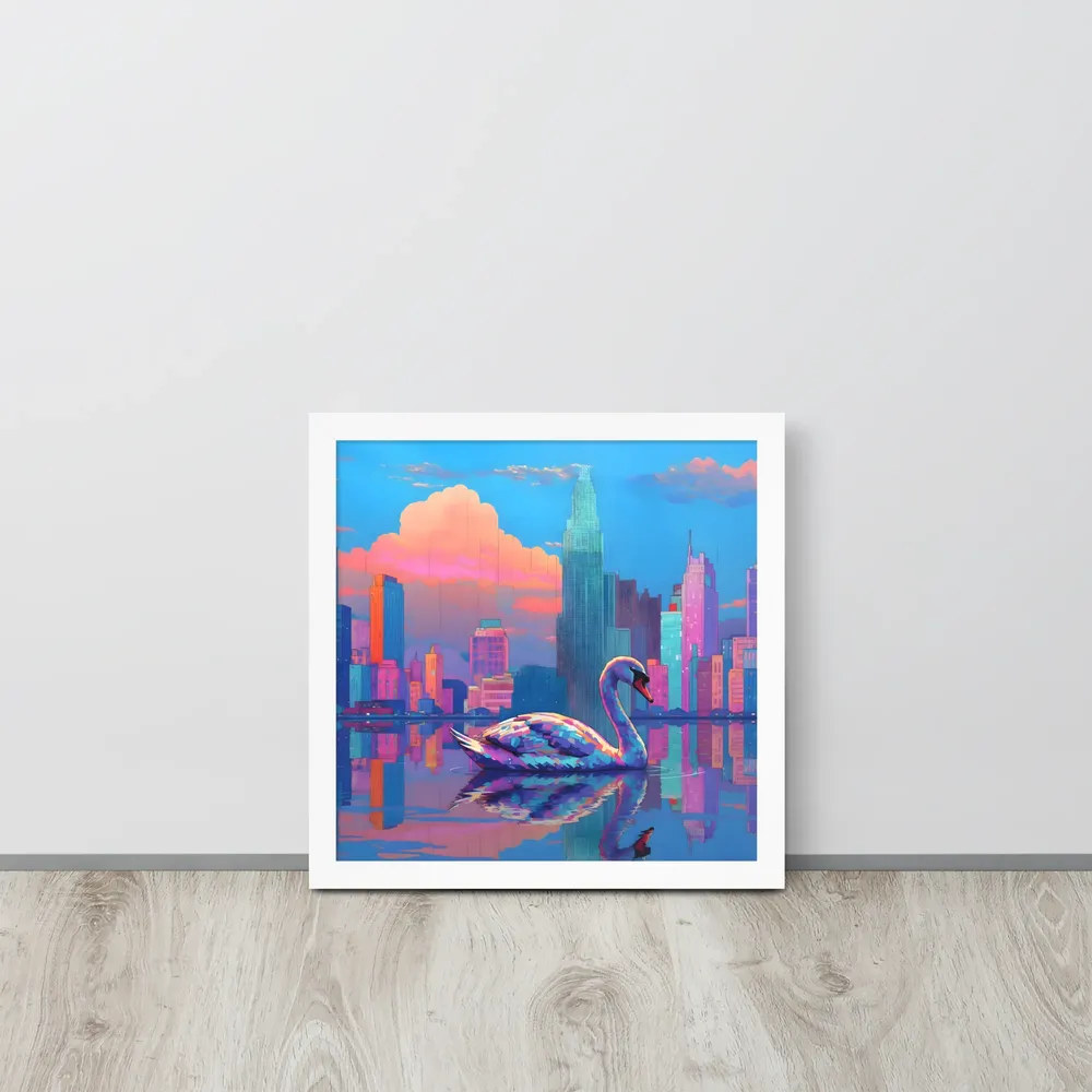 Neon Swan Skyline 
 Poster with White Frame | 14″x 14″