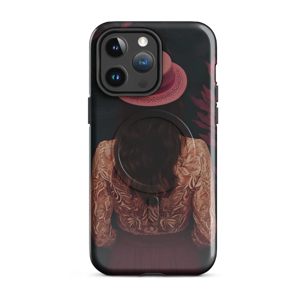 Woman with Pink Hat Among Burgundy Leaves