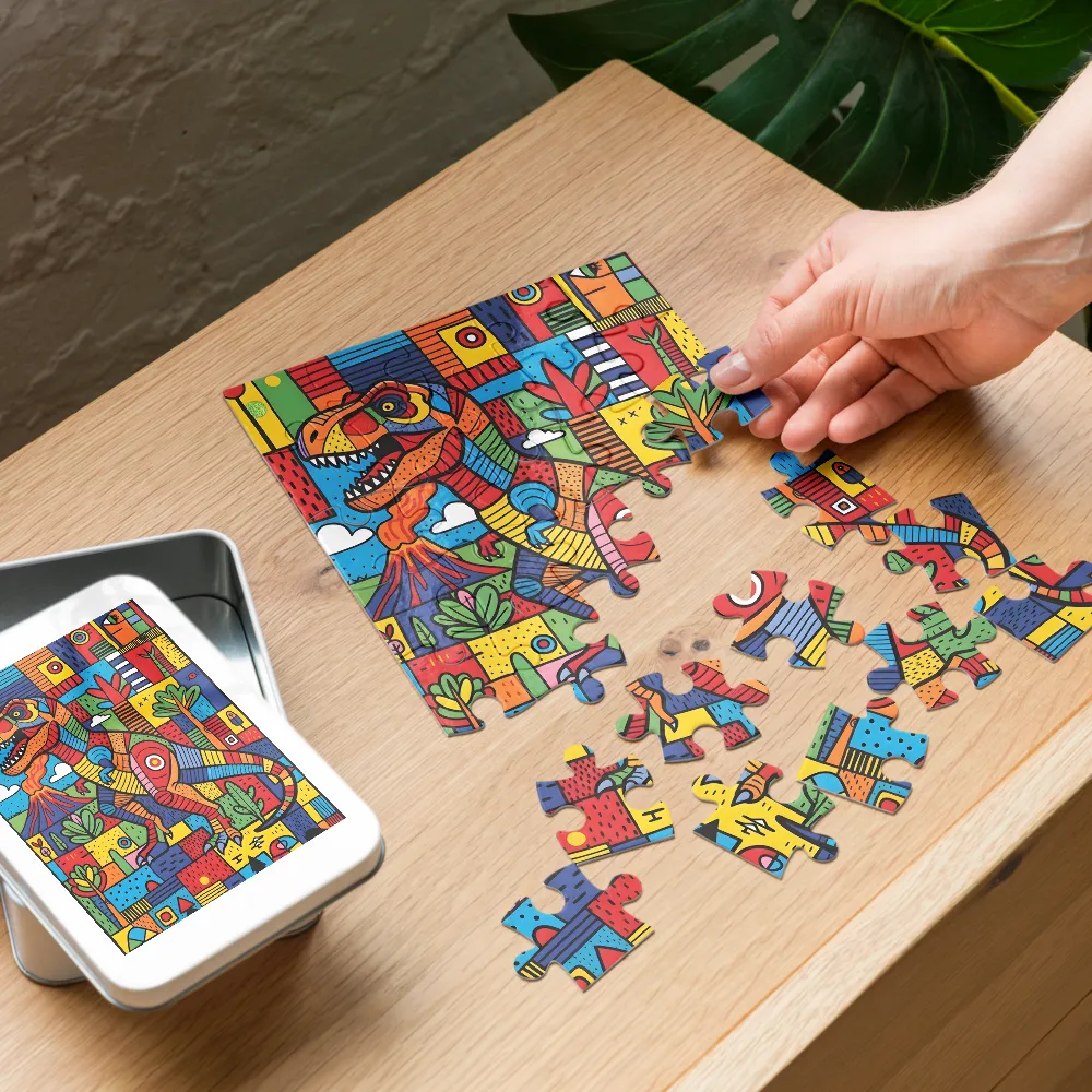 Patchwork T. rex 
 Jigsaw Puzzle in Tin Box