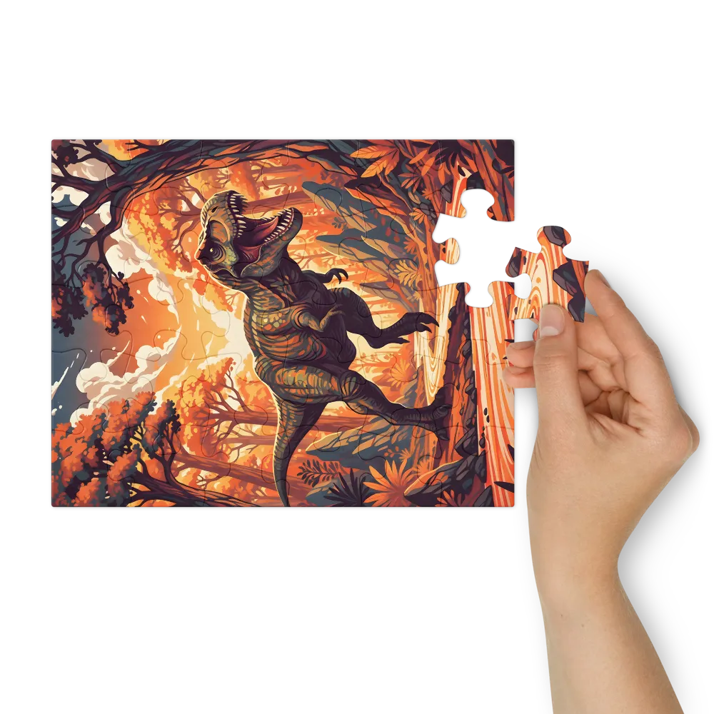 Tyrannosaurus in Amber Forest 
 Jigsaw Puzzle in Tin Box