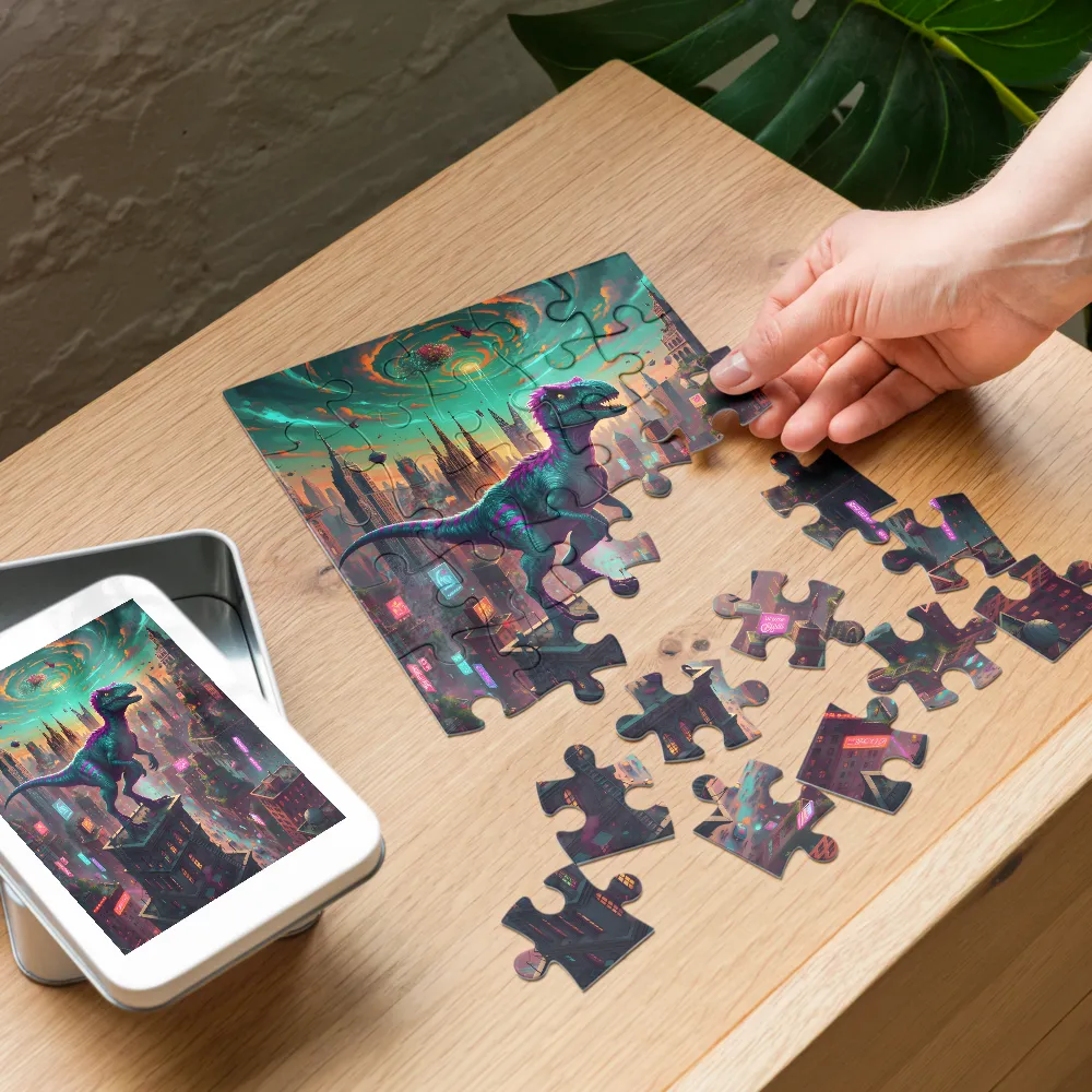 Neon Raptor Skyline 
 Jigsaw Puzzle in Tin Box