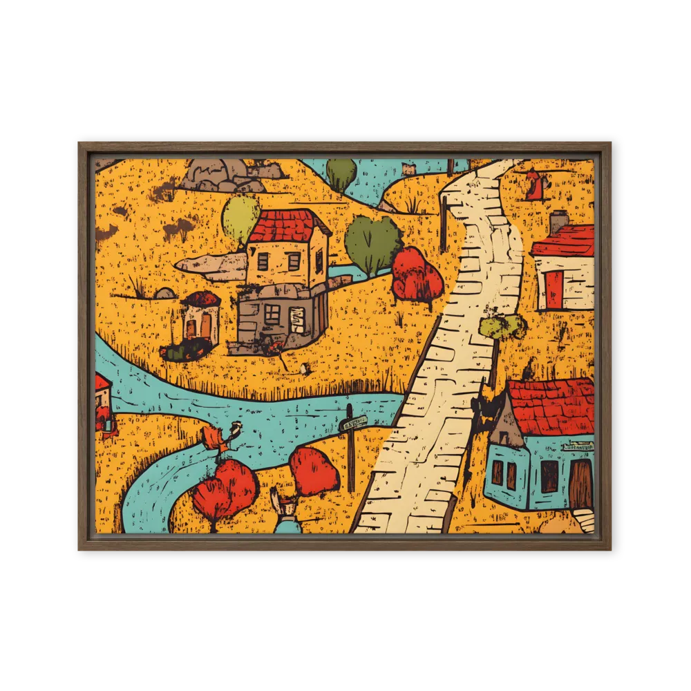 Whimsical Village Landscape | Canvas with Brown Frame | 18″×24″