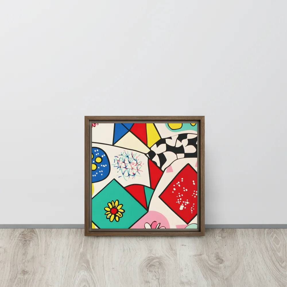 Joyful Geometry: A Playful Dance of Shapes and Colors | Canvas with Brown Frame | 12″×12″
