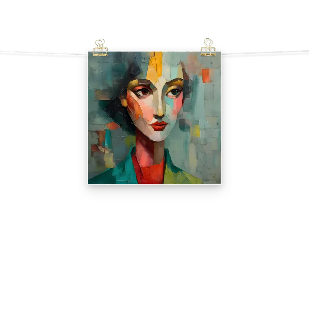 Teal Cubist Portrait 
 Poster | 12″x 12″