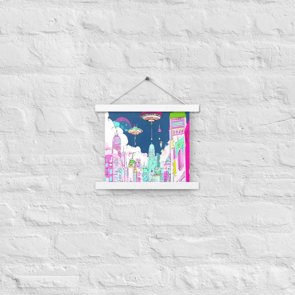 Futuristic Cityscape with Floating Structures | Poster With White Wood Hanger | 10″×10″