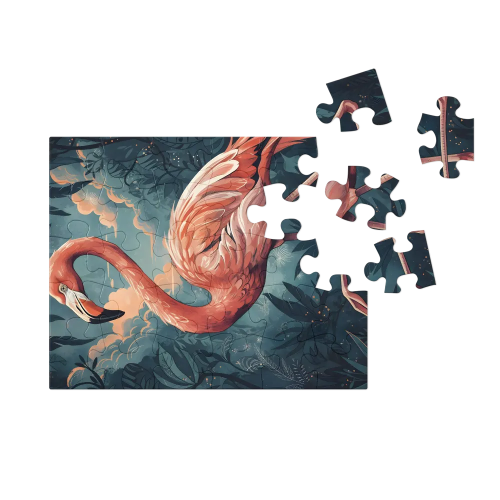 Flamingo in Teal Jungle 
 Jigsaw Puzzle in Tin Box