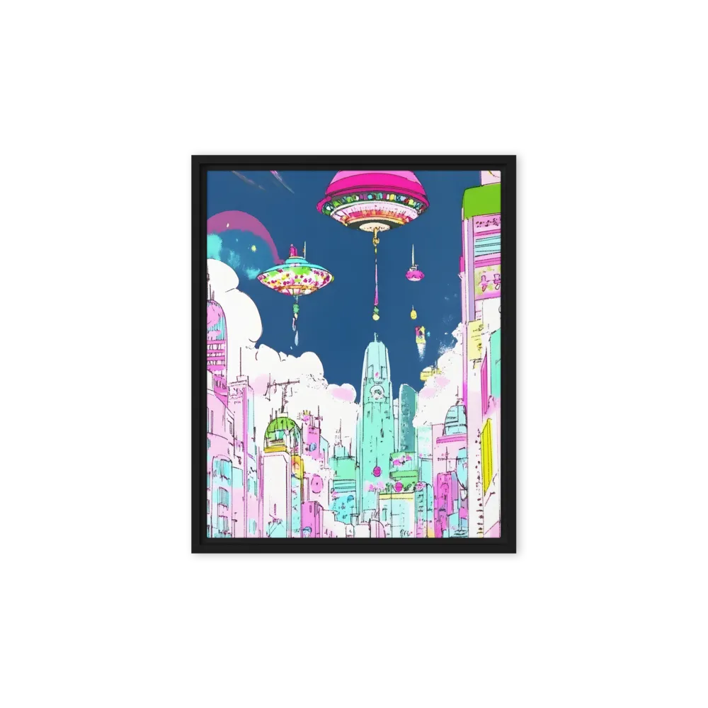 Futuristic Cityscape with Floating Structures | Canvas with Black Frame | 8″×10″