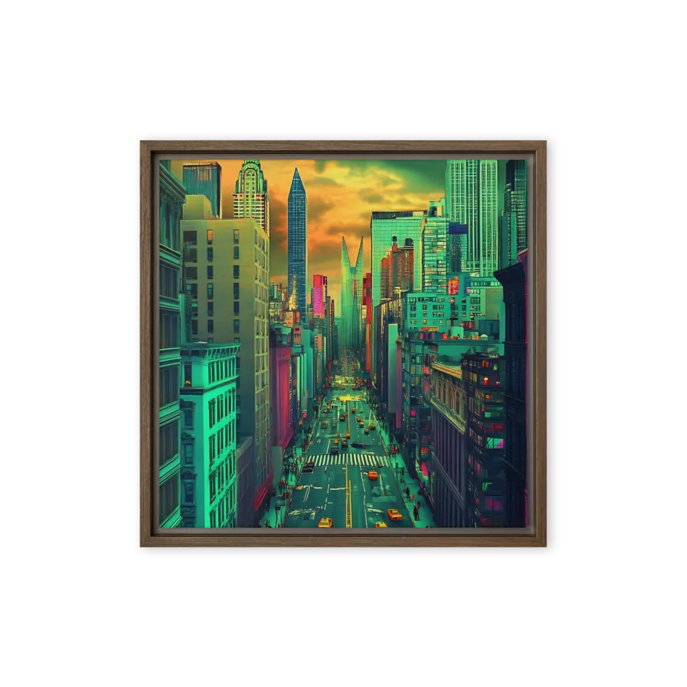 Urban Surrealism: Neon Dreams | Canvas with Brown Frame | 16″×16″