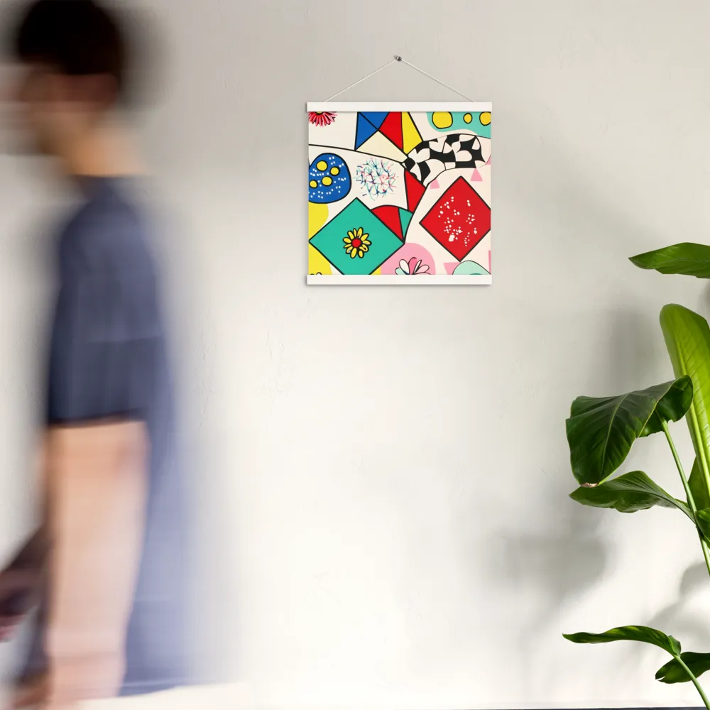Joyful Geometry: A Playful Dance of Shapes and Colors | Poster With White Wood Hanger | 16″×16″