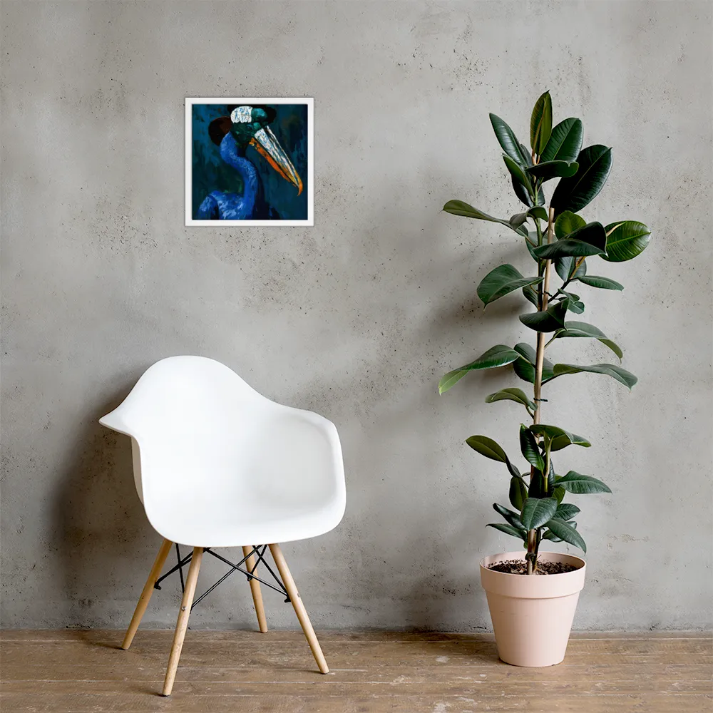 Majestic Absurdity: The Hat-Wearing Bird | Poster with White Frame | 14″×14″