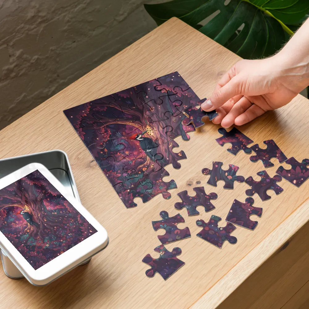 Woodpecker & the Glowing Tree 
 Jigsaw Puzzle in Tin Box